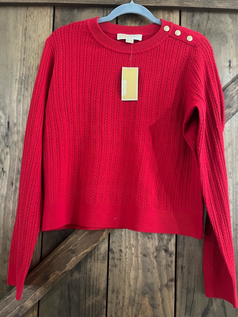 { michael kors } Red Cable-Knit Button-Shoulder Sweater